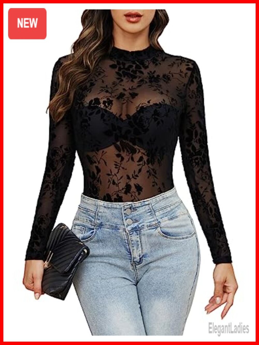 Womens Mesh Top Long Sleeve Sheer Mock Neck Slim Fit Blouse